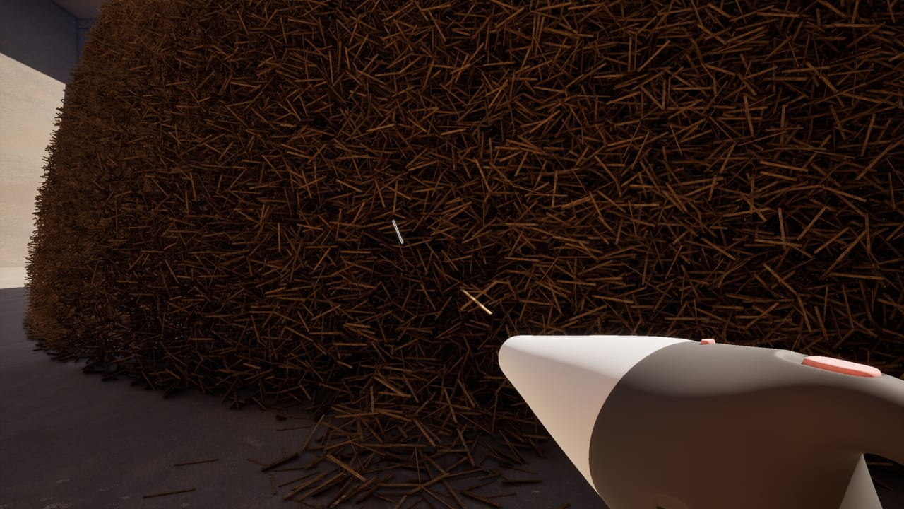 First-person view holding a hay blower toward a giant stack, with a silver needle visible in Needle In A Haystack Simulator