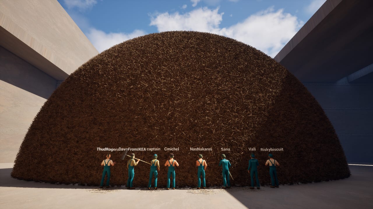 Eight co-op players standing in front of a huge dome-shaped haystack in Needle In A Haystack Simulator